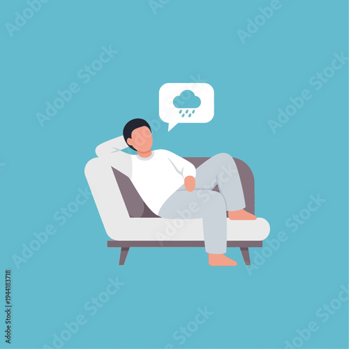 Person lying on sofa with a thought bubble of a rainy cloud.