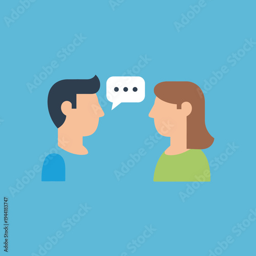 Two people engaged in conversation with a speech bubble between them.