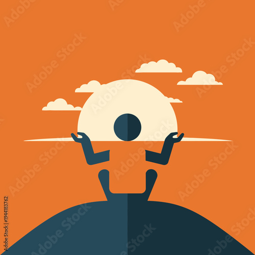 Abstract illustration of a person holding a large sun with clouds in the background.