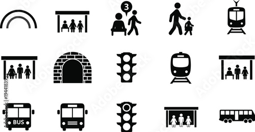 Public transportation icons set including bus, train, subway, traffic lights, pedestrian signs and shelters, urban transit symbols isolated on light background