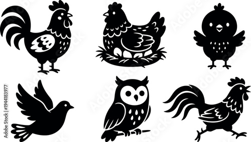 Black silhouette flat design of rooster hen sitting on eggs chick flying dove owl and running rooster vector art collection