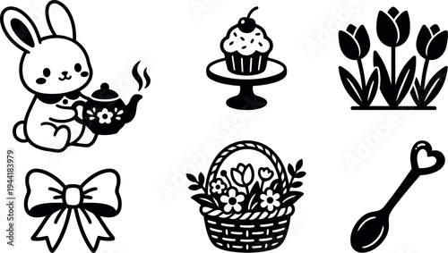 Cute bunny holding steaming teapot cup cake on stand flowers tulips bow basket with flowers and heart shaped spoon vector icons