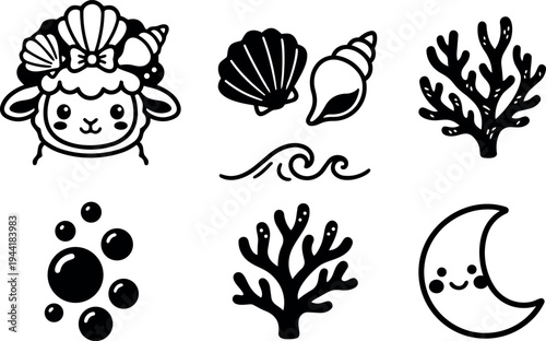 Cute kawaii lamb head with seashell hat coral reef waves bubbles and smiling crescent moon vector art