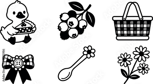 Cute duck holding slice of pie vector art with blueberry branch picnic basket and floral decorative elements black and white