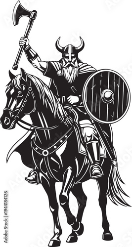 Viking warrior on horseback, wielding an axe and holding a shield, in a battle-ready stance, representing Norse mythology and ancient warfare