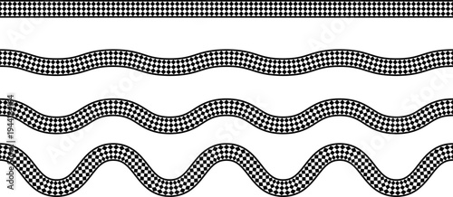 Decorative set of straight and wavy borders featuring a classic monochrome checkerboard pattern