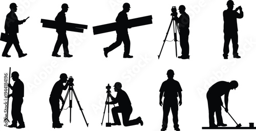 Silhouette collection of construction engineers and surveyors carrying materials, operating tripods, inspecting sites, and performing industrial fieldwork isolated on white