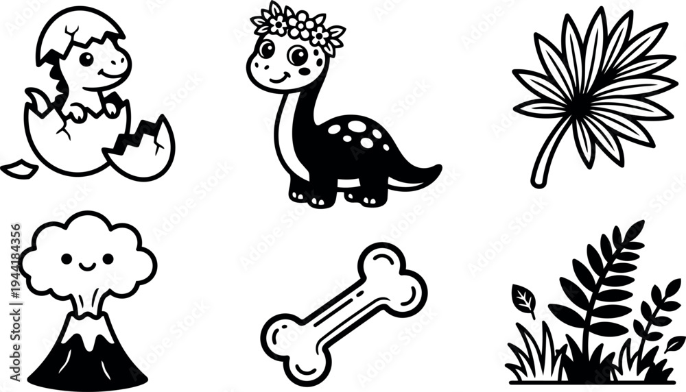 Naklejka premium Cute smiling dinosaur hatching from egg and cartoon dinosaur with flower crown alongside happy volcano and simple floral and bone icons in black line vector art
