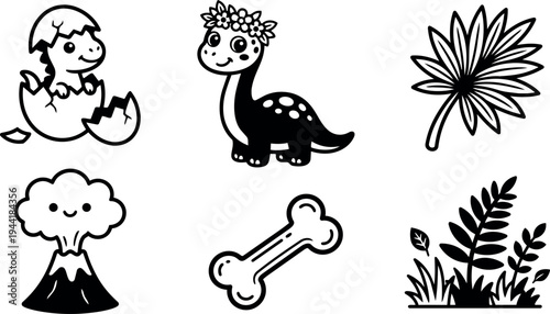 Cute smiling dinosaur hatching from egg and cartoon dinosaur with flower crown alongside happy volcano and simple floral and bone icons in black line vector art
