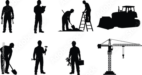 Silhouette collection of construction workers, engineers, and heavy equipment including crane, bulldozer, ladder work, digging, and industrial maintenance isolated on white