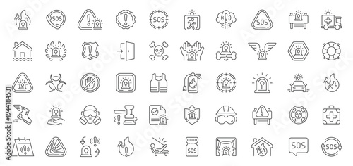 Emergency icons set. editable line icons, outline, safety and first aid symbols