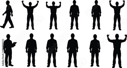 Silhouette collection of construction workers standing in various poses including walking, celebrating success, and holding documents isolated on white background