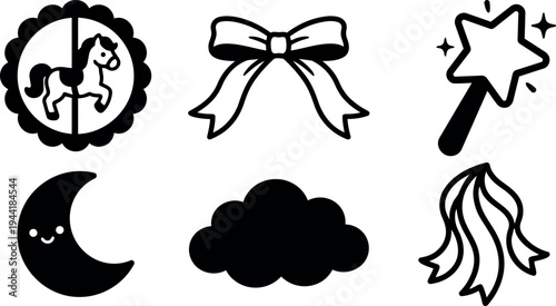 Black and white vector icons set with carousel horse moon bow magic wand cloud and ribbons isolated on white background