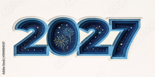 Blue glowing 2027 number with fireworks inside typography design