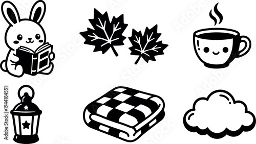 Cute bunny reading book with smiling tea cup autumn leaves lantern folded blanket and fluffy cloud vector icons set