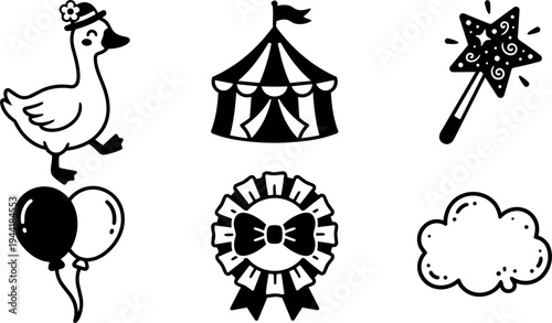 Cute duck wearing flower hat walking with circus tent balloon magic wand cloud and ribbon badge collection vector art