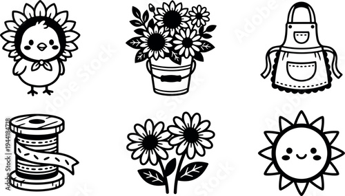 Cute sunflower chick with bandana alongside floral bucket apron spool flowers and smiling sun vector icons in simple outline style