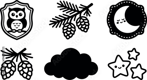 Cute flat design vector set of owl emblem pine cones moon crescent cloud and happy smiling stars icons simple black shapes