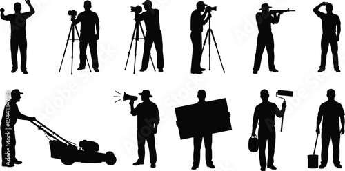 Silhouette collection of media crew, cameramen, photographers, maintenance workers, painters, and lawn care professionals using equipment and tools isolated on white