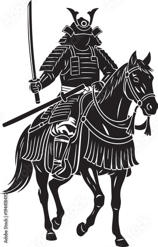 A majestic ancient warrior, fully armored and wielding a formidable sword, powerfully rides a horse, embodying strength and traditional martial spirit