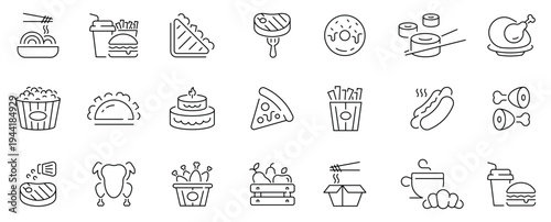 Food and meal icons set. editable line icons, outline, dining and cuisine graphics
