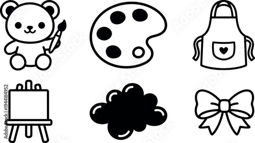 Cute outline teddy bear holding paintbrush with artist palette easel apron with heart cloud and bow vector icons set