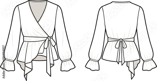 Women’s wrap blouse fashion technical drawing template with long sleeves and tie waist belt, front and back view clothing design vector outline illustration