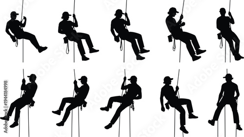 Silhouette collection of rope access technicians performing industrial climbing, suspended maintenance work, safety harness operations, and high altitude services isolated on white