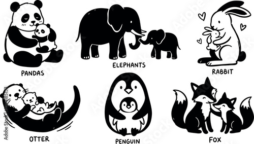 Cute black and white vector art of different animal parents hugging their babies including panda elephant rabbit otter penguin and fox