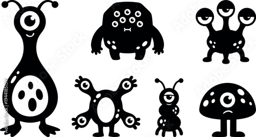 Flat design black and white cartoon alien monsters collection with multiple eyes tentacles and simple shapes friendly characters isolated on white