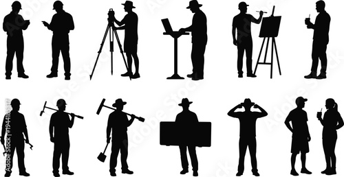 Silhouette collection of surveyors, artists, engineers, and construction workers using tools, tripods, drafting boards, painting easels, and equipment isolated on white