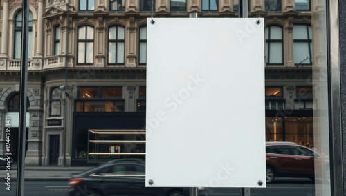 An empty billboard stands in front of a row of buildings in a city.