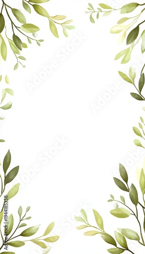 Stylish Botanical Frame with Green Watercolor Leaves, Ideal for Text Integration and Design Use