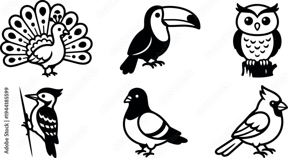 Obraz premium Black and white minimalist vector art of six different birds including peacock toucan owl woodpecker pigeon cardinal displaying distinct postures and details