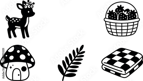 Cute black and white vector art of a spotted deer with flower crown mushroom house leaf and picnic basket with blanket set