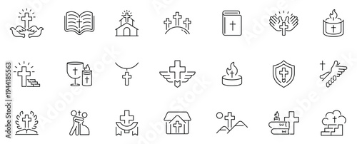 Christian icons set. editable line icons for faith and worship, outline symbols