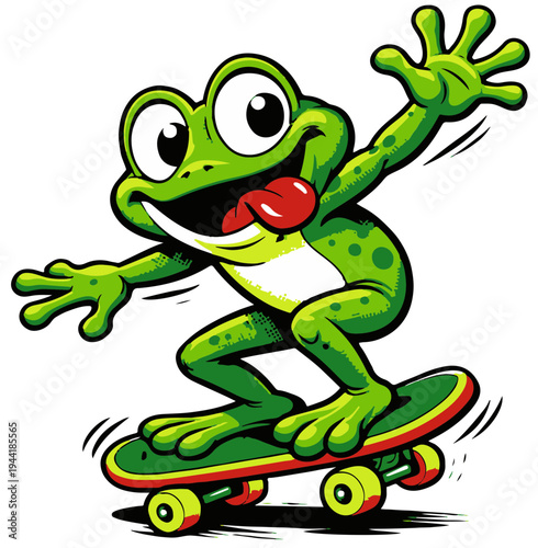 A fun absurd meme situation featuring a frog skateboarding with exaggerated enthusiasm. The dynamic pose gives the design strong visual energy.