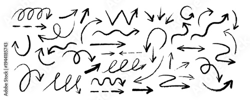 handdrawn doodle arrows set with loops zigzags curves and scribble lines isolated on white background vector illustration for highlighting directions notes social media graphics presentations 