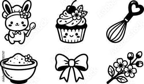 Cute kawaii bunny holding spoon with flower cupcake with cherry and floral decorations heart shaped whisk decorative bow and cherry blossom branch vector art