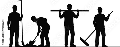 Silhouette of construction workers performing road maintenance, asphalt paving, ground leveling, and manual labor using professional tools isolated on white background