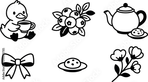 Cute duck sitting holding tea cup with blueberry branch teapot and cookie floral bouquet line art vector icons