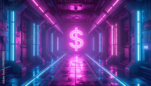 Futuristic cyber tunnel with dollar sign, neon lights reflecting on tiled floor