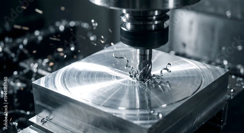 Industrial CNC milling machine precision cutting metal part in factory workshop, high-tech manufacturing process of aluminum component with end mill tool, macro engineering concept.