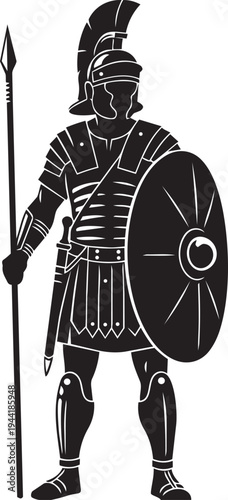 Ancient Roman Soldier Standing Ready for Battle with Spear and Shield, Depicting Historical Warfare