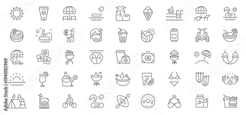 Summer and pool icons set. line, editable line icons, beach, vacation symbols
