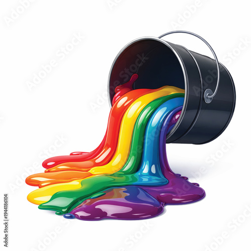 Rainbow Vibrant Paint Pouring From Black Metal Bucket Vector Illustration On White Background. Colorful Liquid Flowing Out Of Open Paint Can, Creative Art Concept, Glossy 3D Realistic Graphic Design.