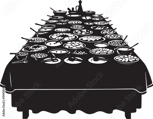 Abundant buffet spread vector silhouette illustration of diverse food dishes arranged on long table