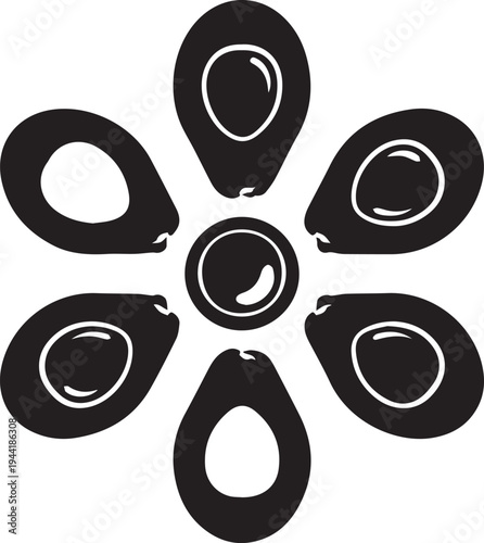 Healthy avocado slices vector silhouette arranged in floral pattern with center seed icon
