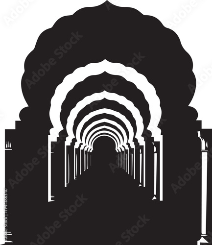 Long hallway of archways with columns silhouette vector illustration for architectural line art