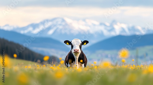A cow among the flowers on a high-altitude grassland